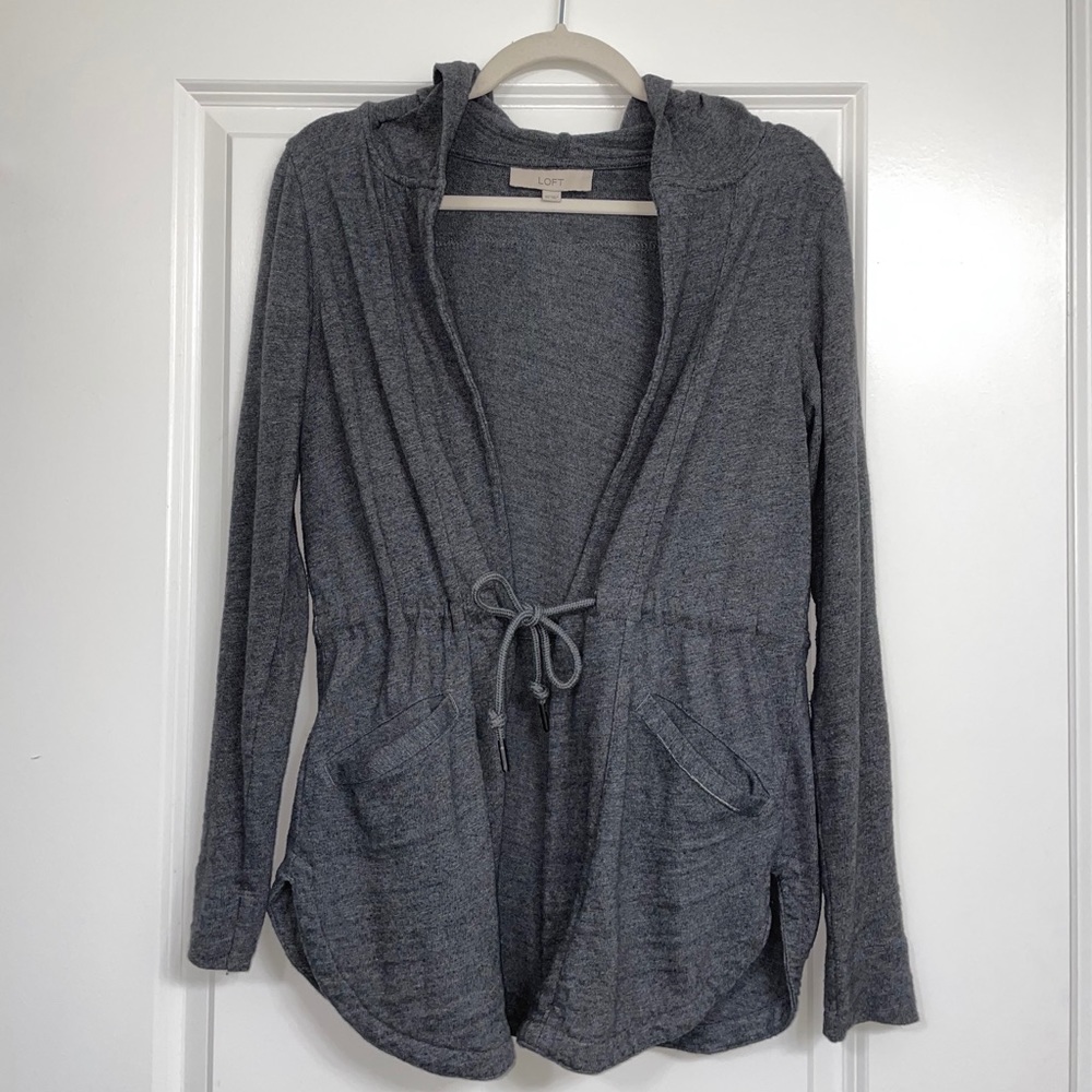 LOFT Gray Hooded Cardigan - Tie Waist